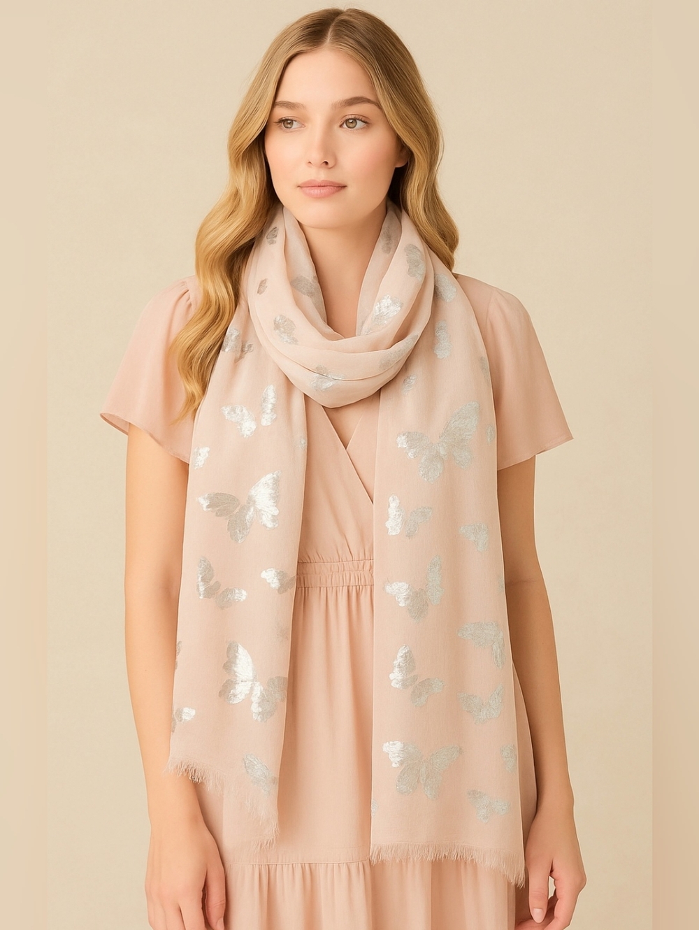 Silver Butterfly Print Blush Scarf With Raw Edge 72"×29" Gossamer Ethereal Fairy
